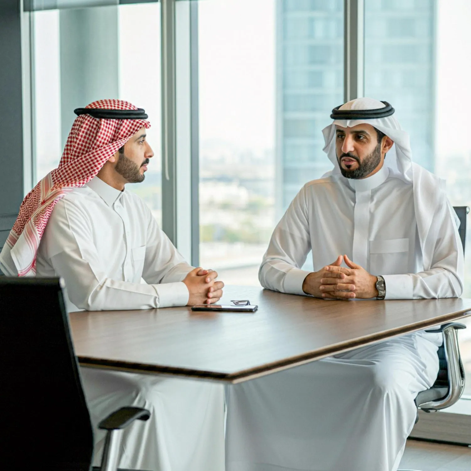 Two Arab businessmen in thobes meet at a conference table in a modern office—on-site Arabic interpreting services