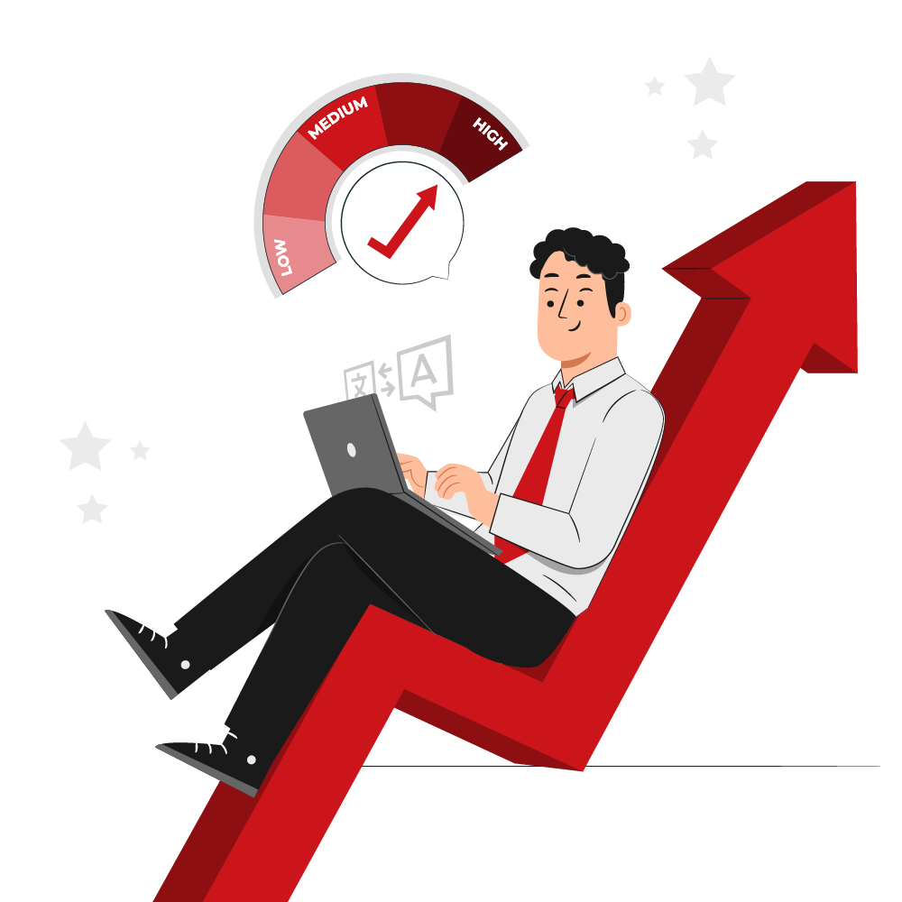 Translator with a laptop riding a rising arrow past a speed gauge
