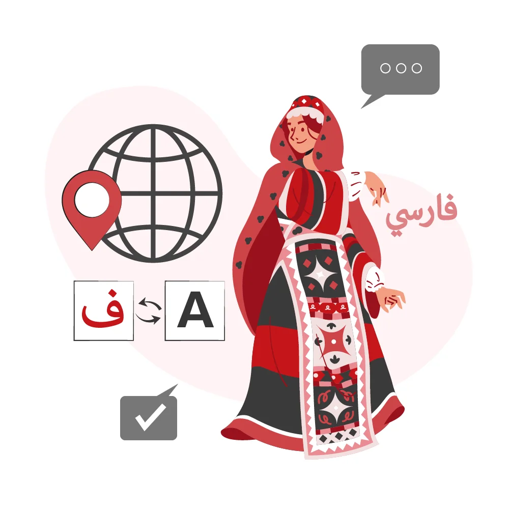 Woman in a traditional red dress beside a globe, a map pin and Farsi and English letter icons