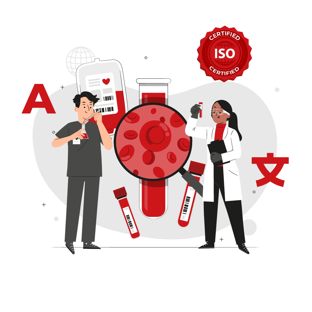 Two scientists beside a virus model with an ISO badge