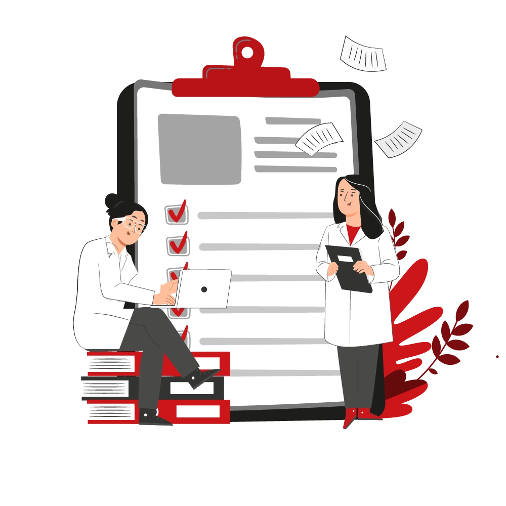 Doctor and patient reviewing a form on a large clipboard