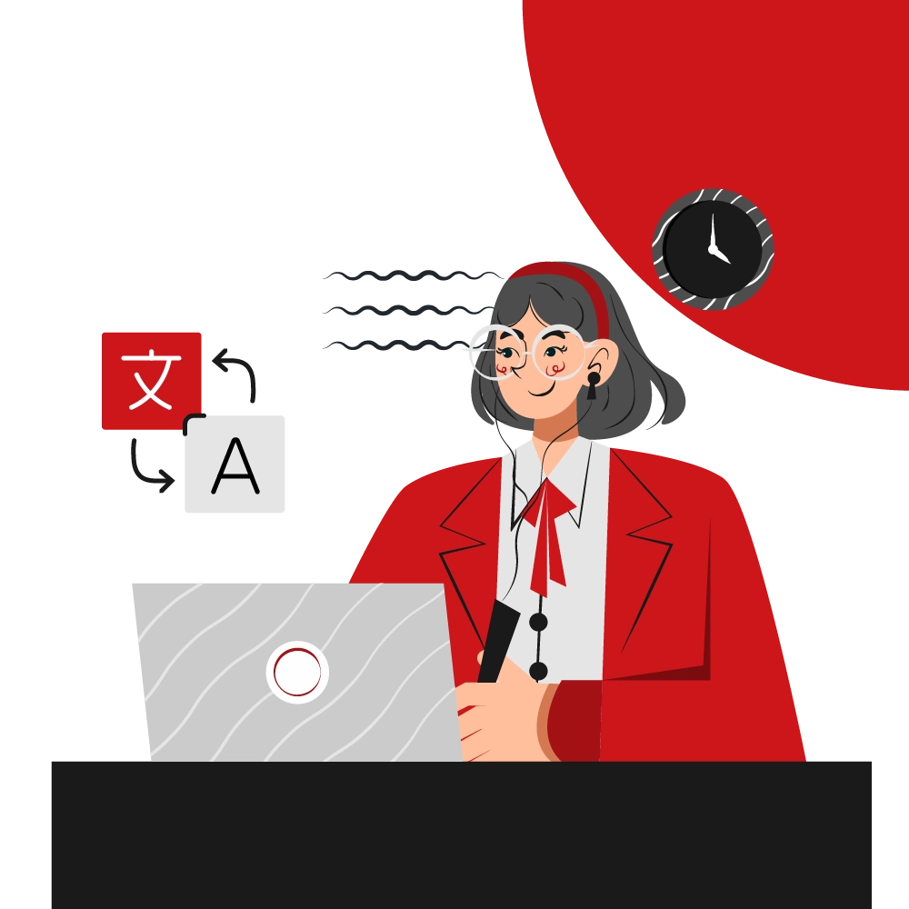 Translator at a laptop with translation symbols and a clock, representing expert back translation services