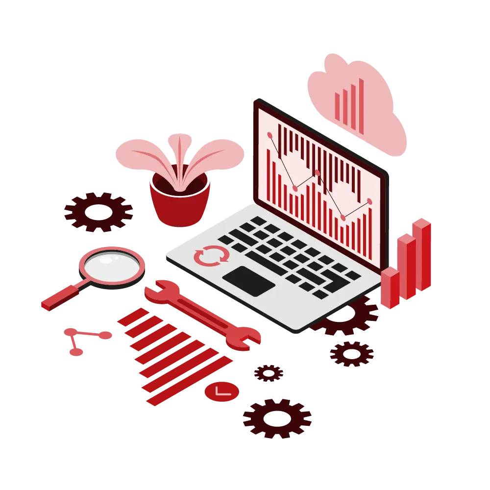 Illustration of a laptop with charts, a magnifying glass and gears representing multilingual SEO