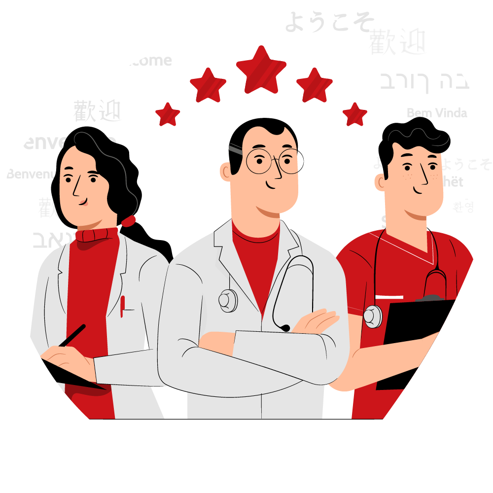 Three medical experts standing under a row of stars