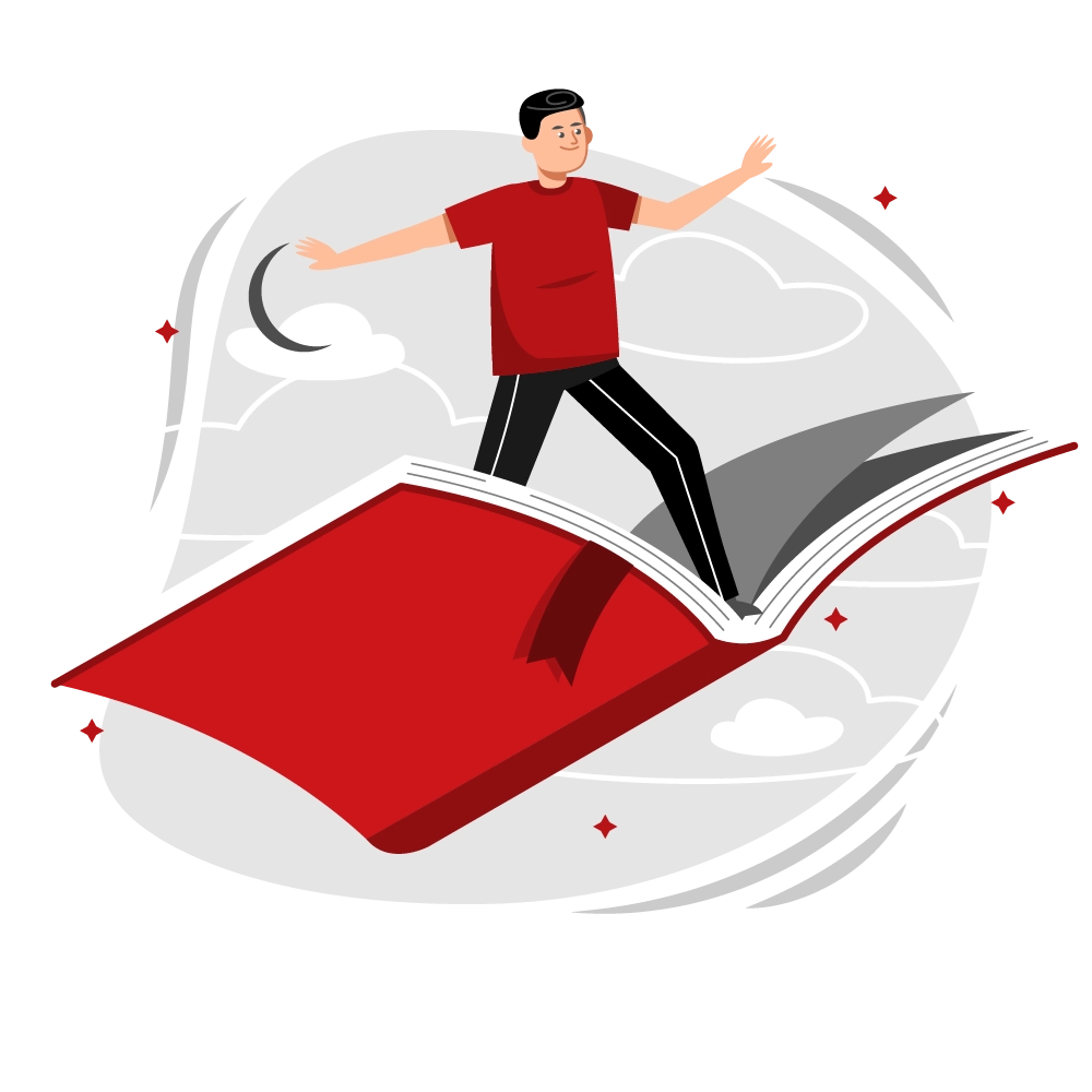 Reader flying on an open red book, literary translation