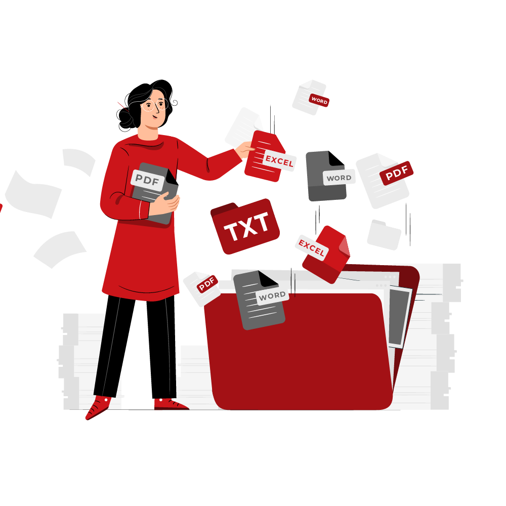 Woman sorting PDF and TXT files into a red folder