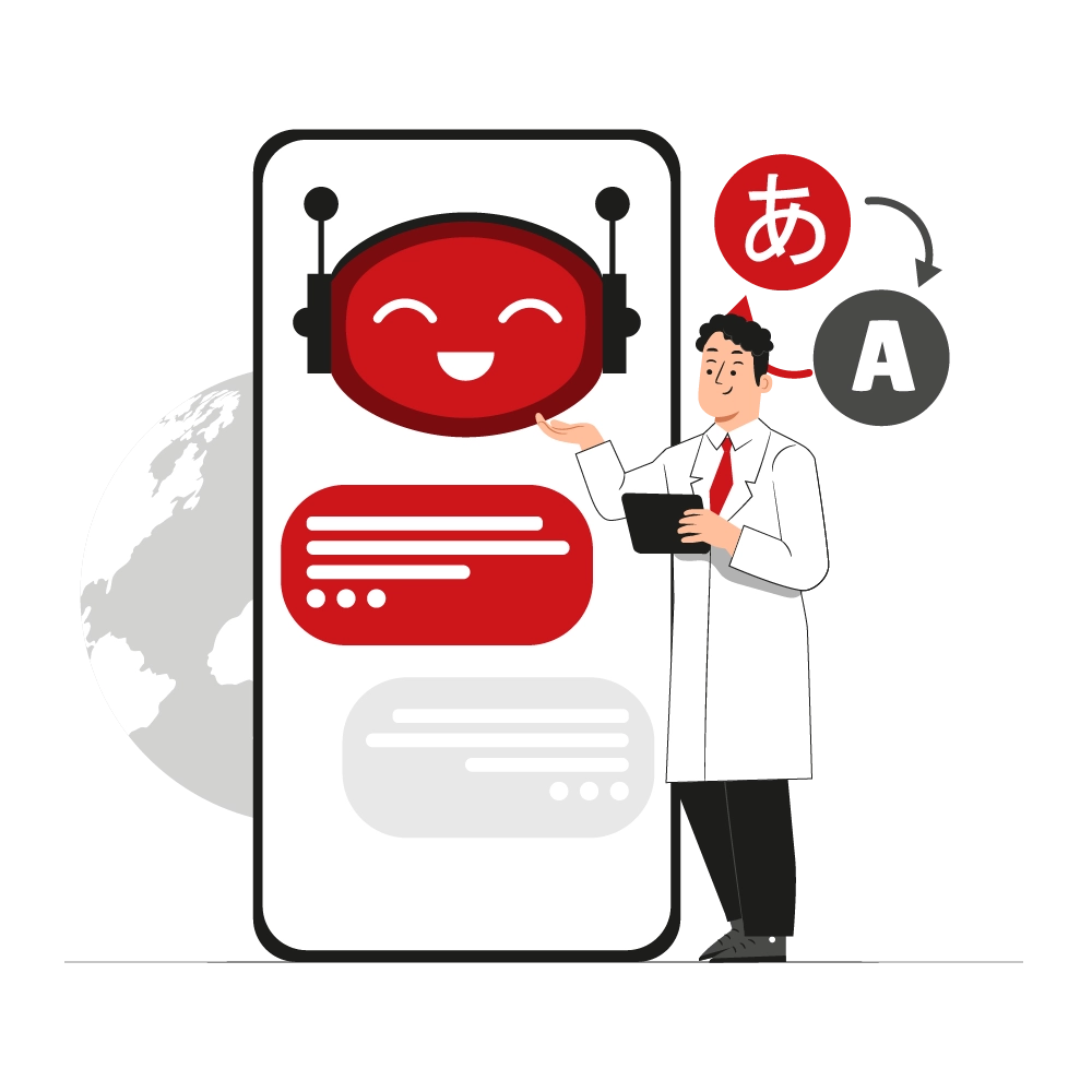 Doctor beside a phone showing a translation chatbot