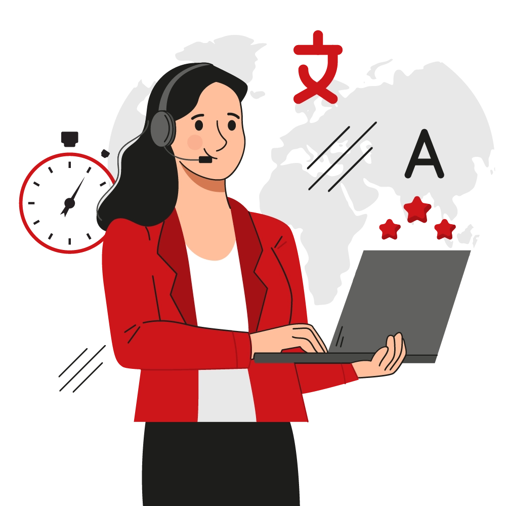 Translator with a laptop surrounded by language and quality icons