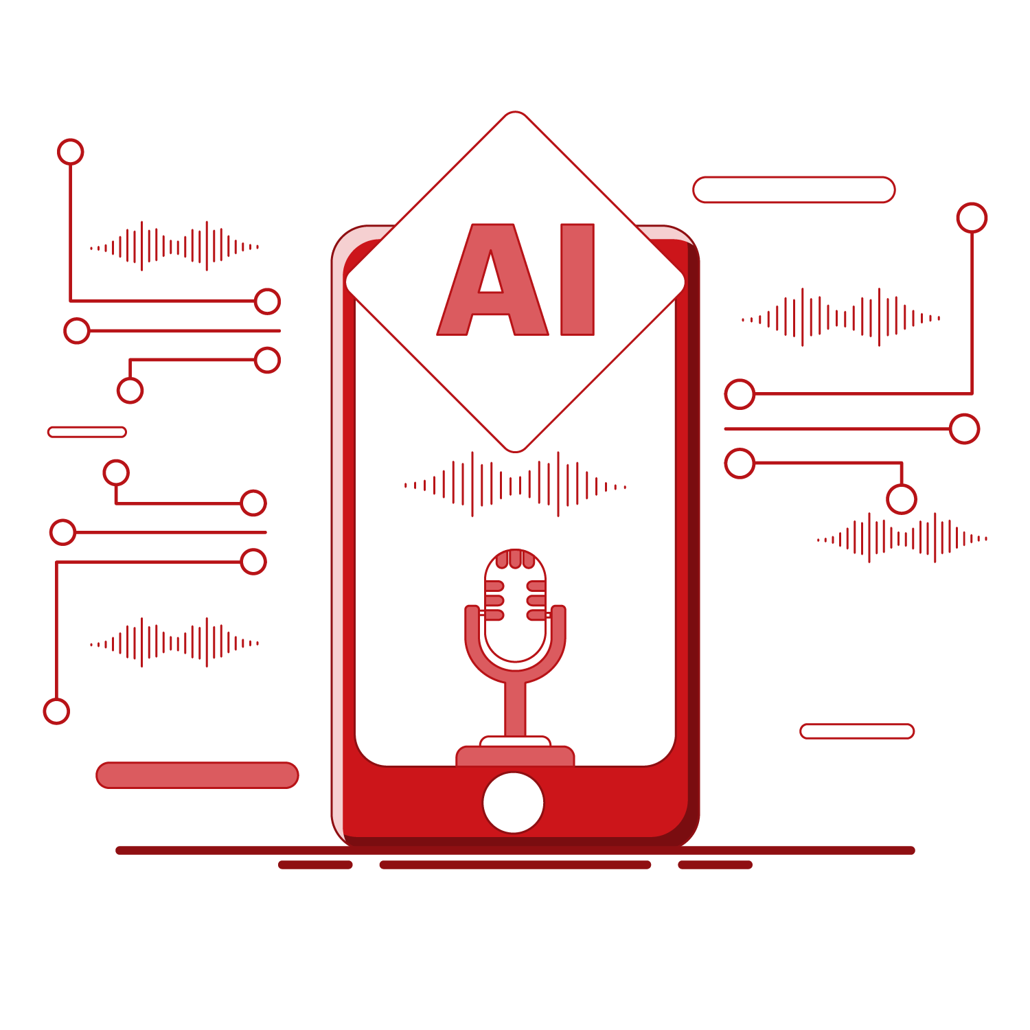 Smartphone with AI and microphone icons and sound waves, representing AI transcription of audio recordings