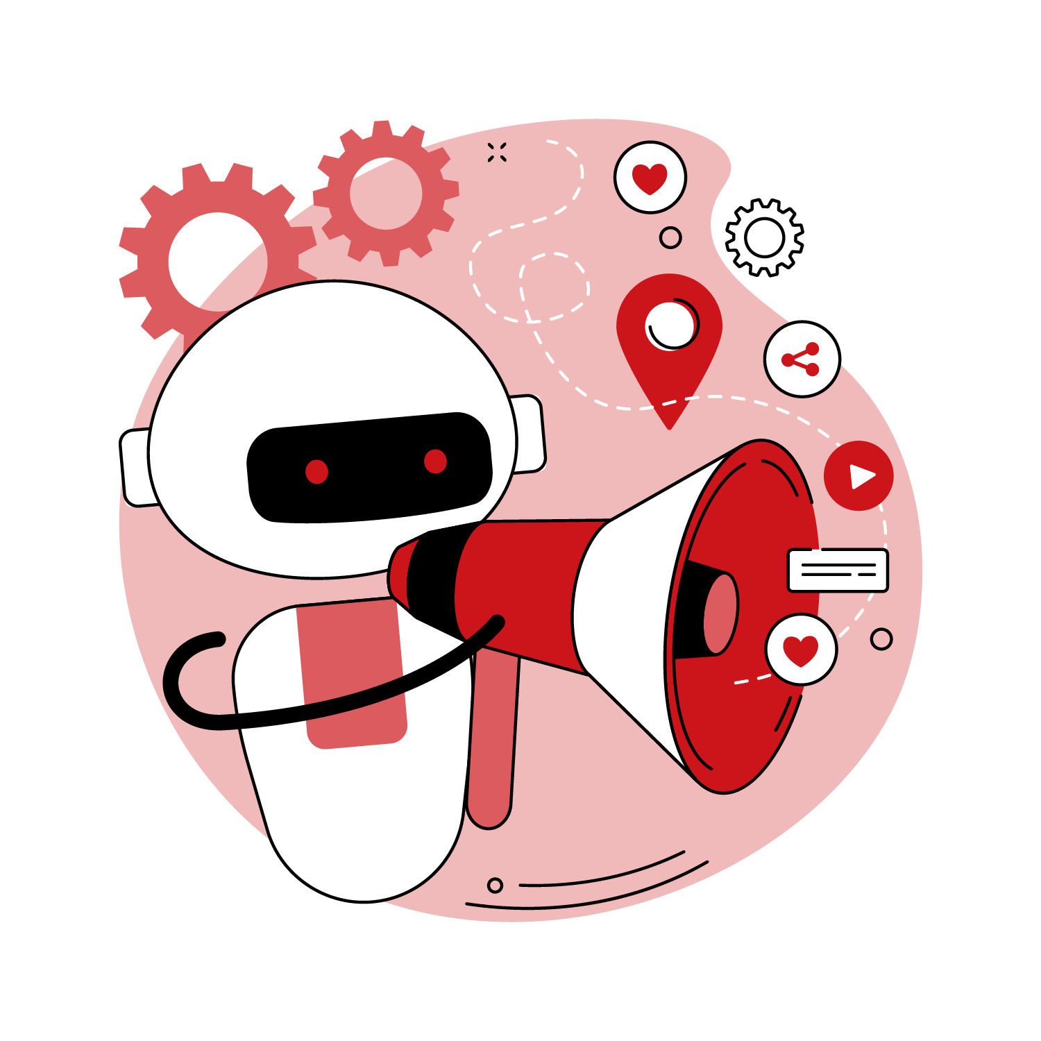Robot with a megaphone and social icons, representing evaluation of AI-generated ads
