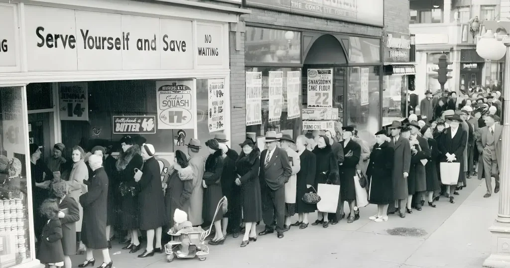 A group of people standing outside a store with signs that read "Serve Yourself and Save" and "WAITING." The scene is captured in black and white, showing a collection of individuals on the sidewalk next to the building.