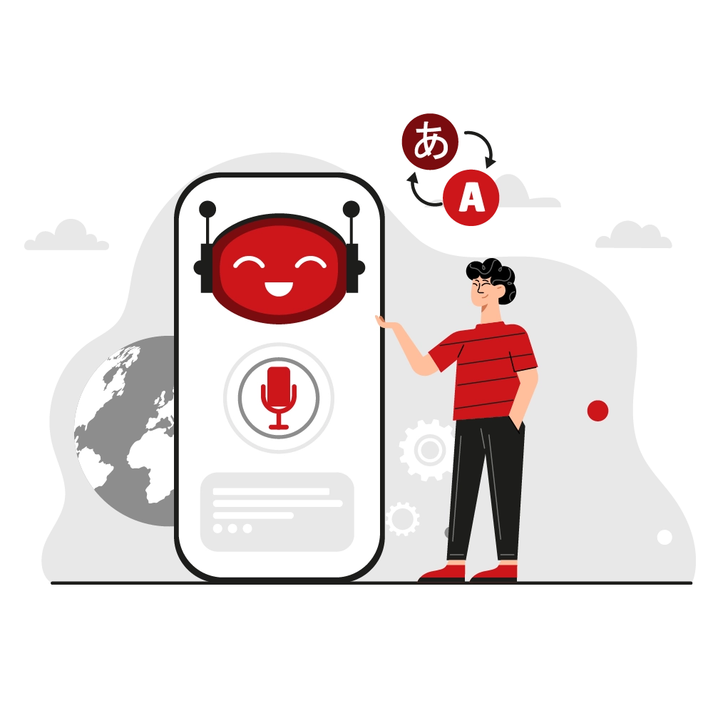 Man with a smartphone showing an AI robot and translation icons