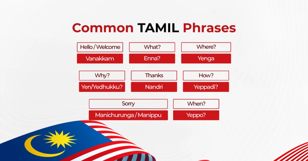 Thumbnail image featuring common Tamil phrases, showcasing the language's significance in Malaysia.