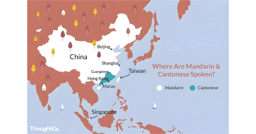 Map of China highlighting regions where Mandarin and Cantonese are spoken, including Beijing, Shanghai, Guangdong, Hong Kong, Macau, and Taiwan.