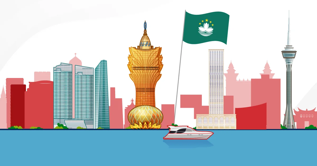 A boat with a flag sails in front of the skyline, showcasing the vibrant cities of Hong Kong and Macau.