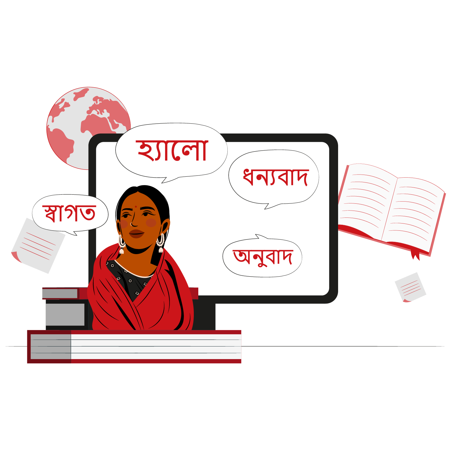 A professional setting with a translator working at a desk, surrounded by books and a laptop, with a Bengali dictionary and a notepad featuring Bengali script.