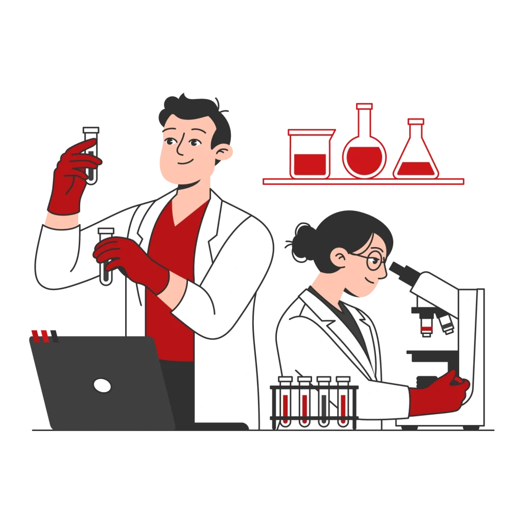 Two lab professionals analyzing test samples and data, representing expert chemical translation services