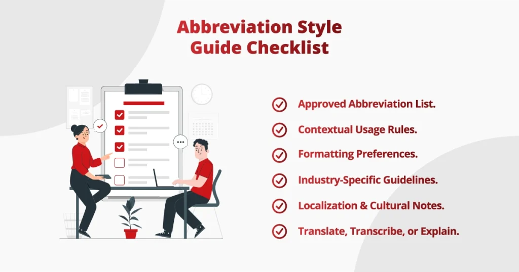 Infographic checklist for an abbreviation style guide showing icons beside tasks: approved list, contextual rules, formatting, industry guidelines, localization notes, translation.