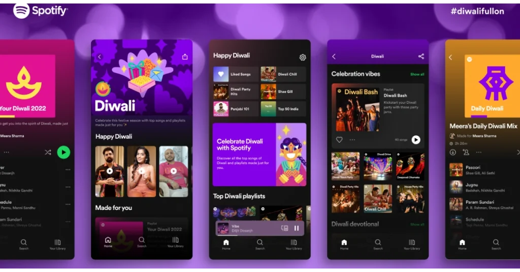 Spotify Diwali hub on mobile screens displaying festive playlists and celebration vibes against vibrant purple background