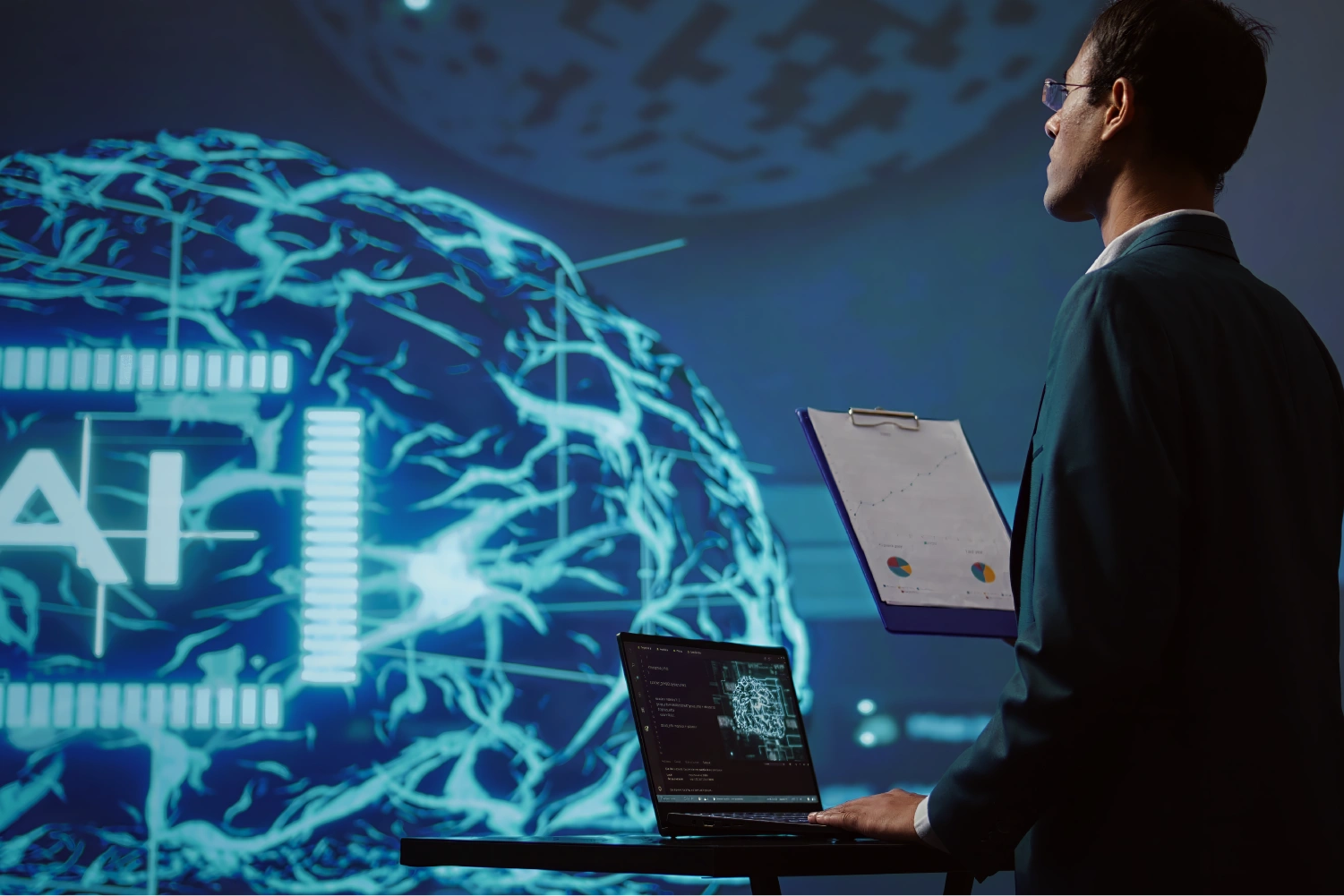 Professional analyzing AI-generated brain visualization on a large screen.