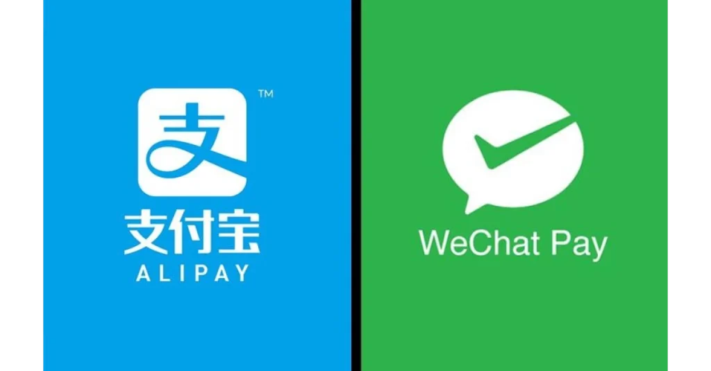 Alipay and WeChat Pay logos side-by-side on blue and green panels symbolizing Chinaโs leading mobile payment apps