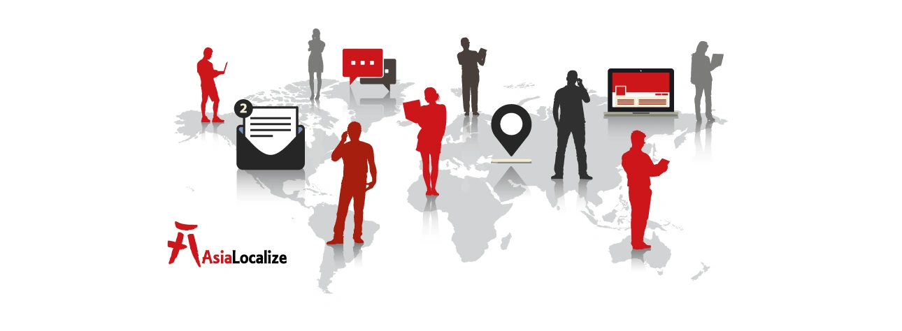 Illustration of people using mobile devices worldwide to represent global communication and localization services.