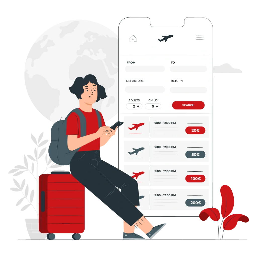 Illustration of traveller using localized flight-booking app on phone with suitcase—travel translation services