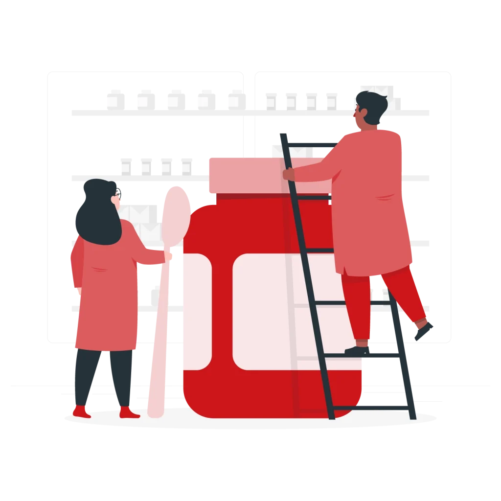 Vector illustration of researchers labeling large medicine jar, symbolizing pharmaceutical content localization workflow