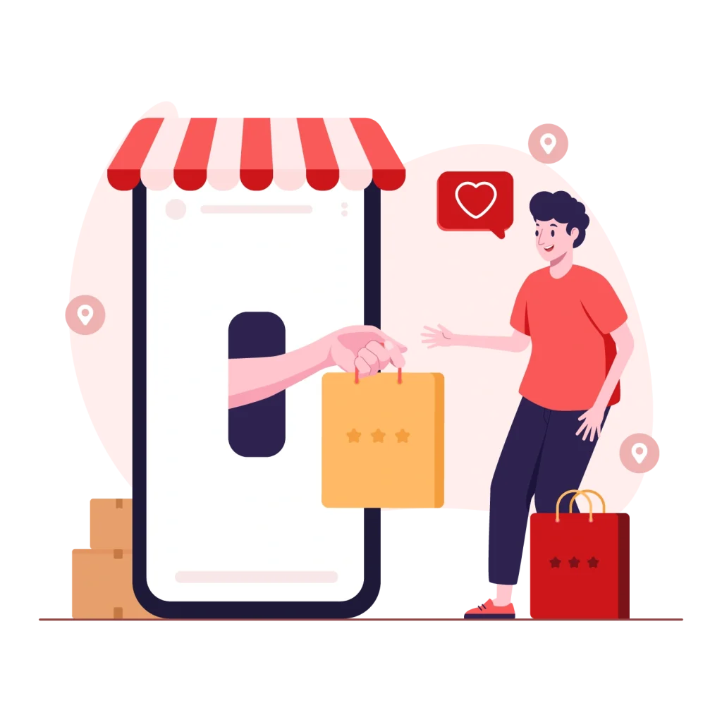 Retail translation services shown by a phone handing a shopping bag to a happy shopper with location pins