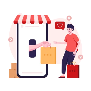 Retail translation services shown by a phone handing a shopping bag to a happy shopper with location pins