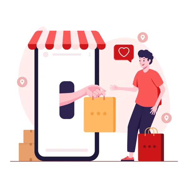 Retail translation services shown by a phone handing a shopping bag to a happy shopper with location pins