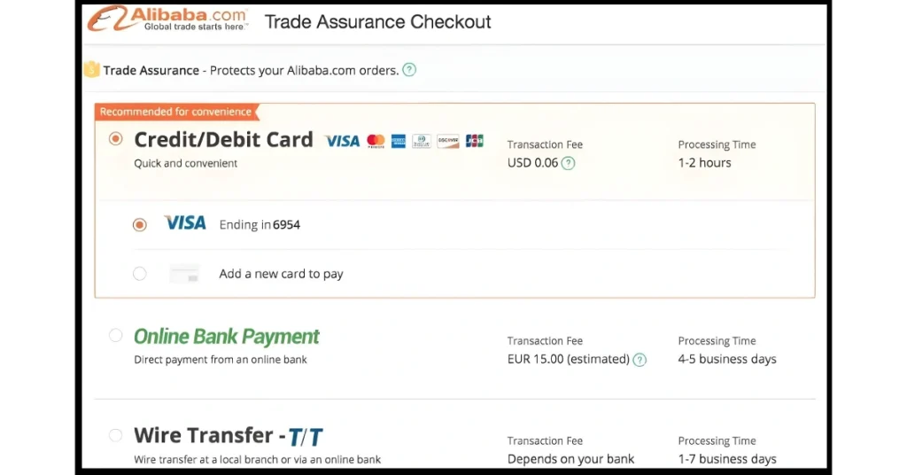 Screenshot of Alibaba.com Trade Assurance Checkout showing payment methods and processing times.