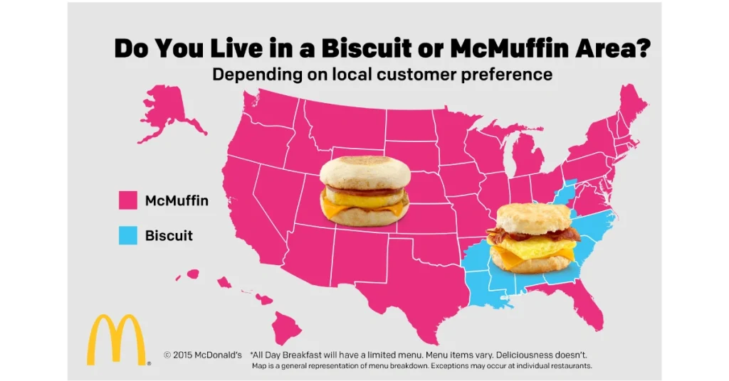 Map showing McMuffin vs Biscuit preferences across the US for McDonald’s All Day Breakfast.