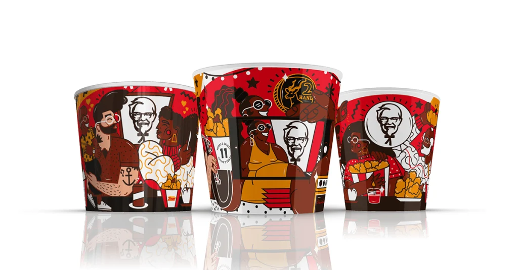 KFC South Africa Localized Buckets Colorful KFC South Africa buckets featuring Karabo Poppy artwork as localized marketing example
