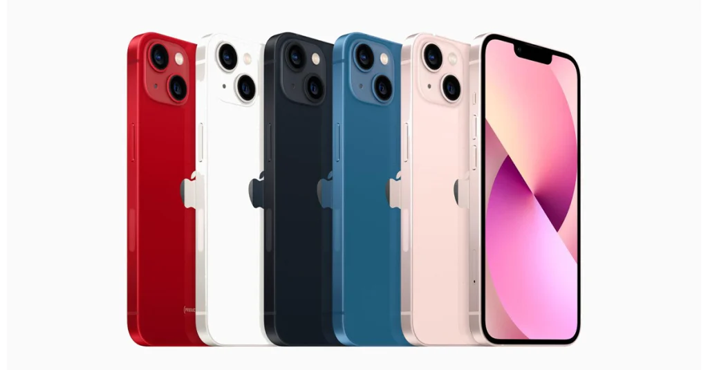 Apple iPhone lineup in red, white, black, blue, and pink, with one front-facing to show the display.