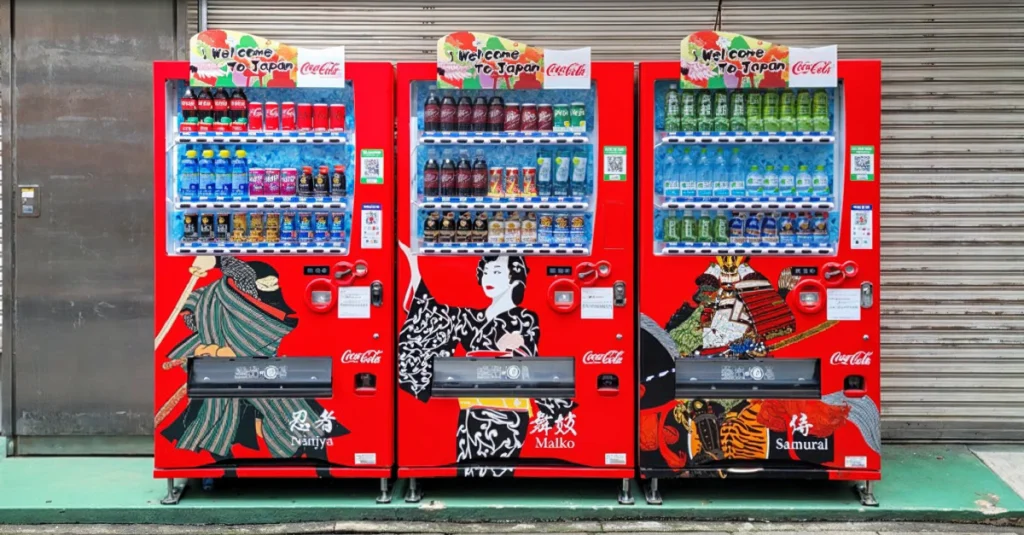 Japan Coca-Cola vending machines with traditional artwork, fully stocked with drinks.