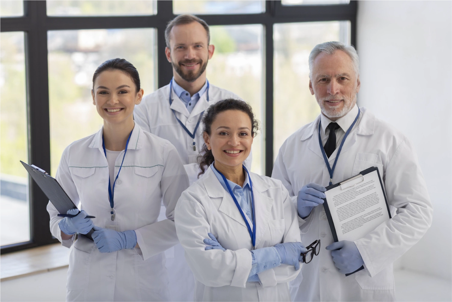 Multicultural healthcare team in lab coats smiling with clipboards, representing collaborative medical care