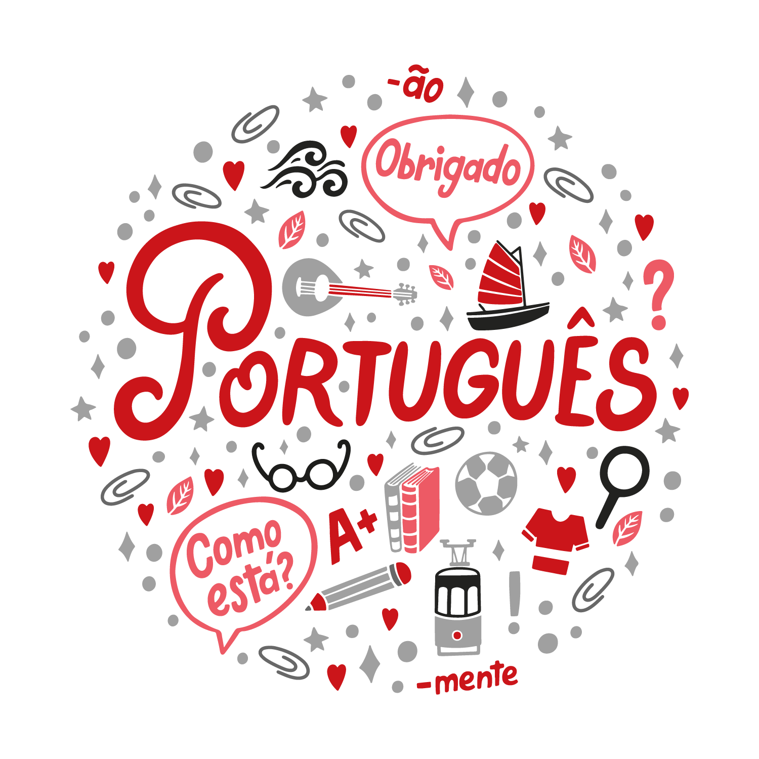 Portuguese language collage with words like Obrigado and Como está—culture and vocabulary overview.