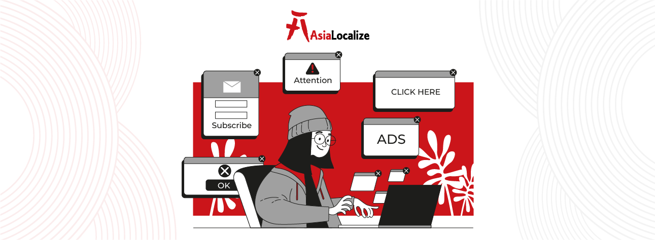 Marketer translating online ads with pop-ups and alerts, representing advertising translation and localization