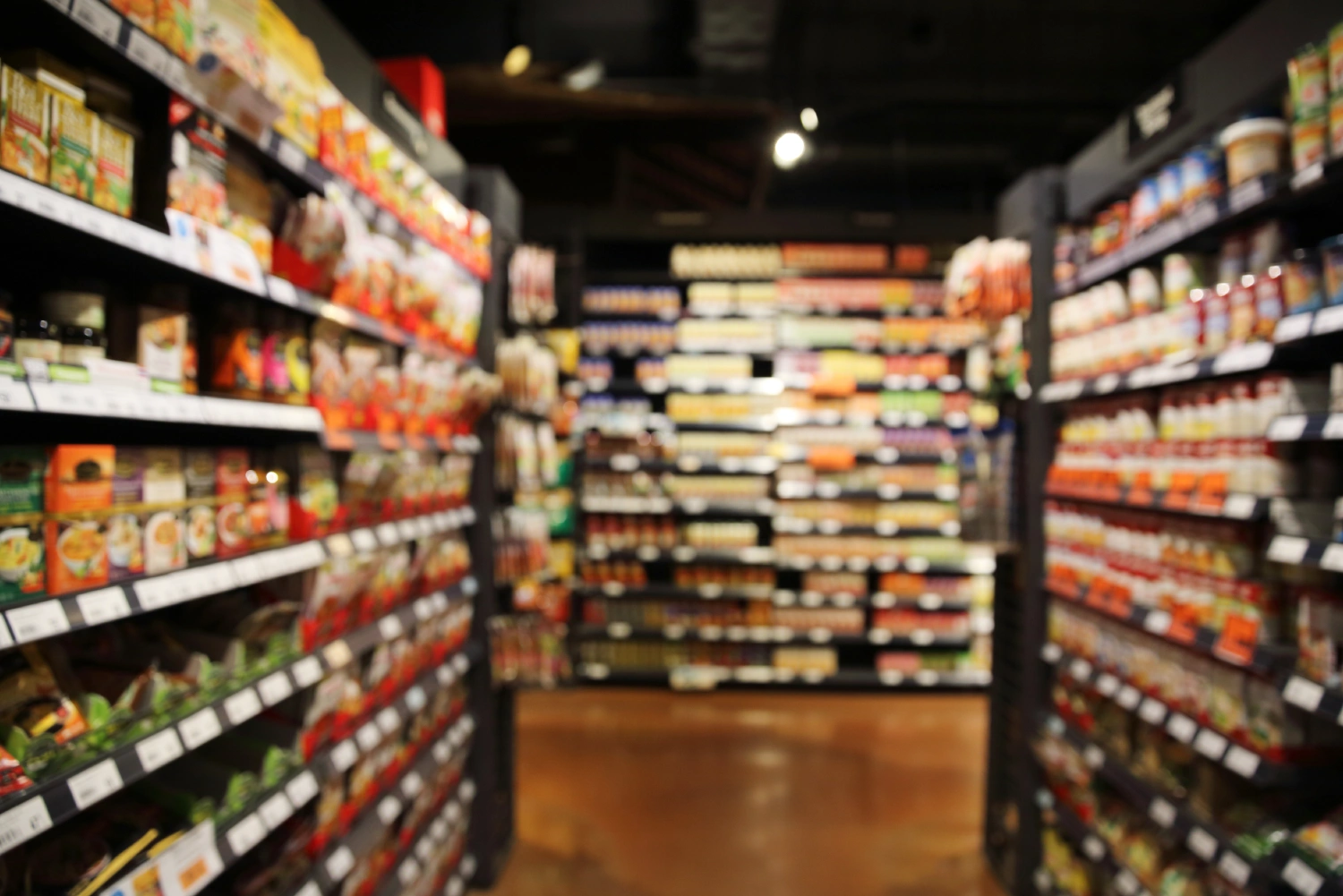 Grocery store localization—blurred supermarket aisles filled with products
