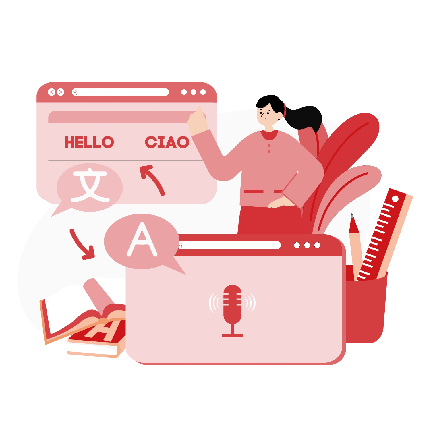 Smart translation tools plus human editors—‘hello’ and ‘ciao’ interface with mic