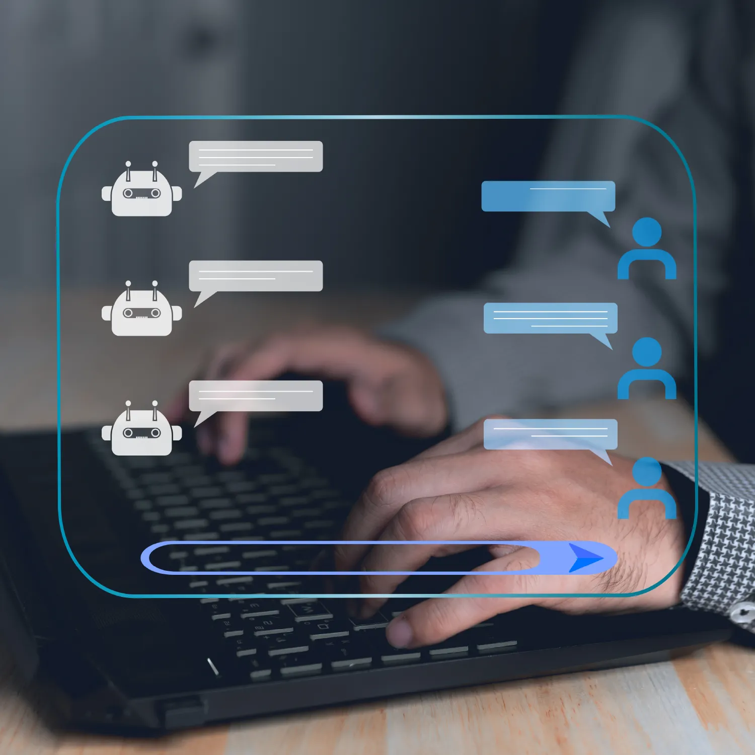 Hands typing with bot and user chat bubbles, showing enterprise prompt libraries for scalable AI chatbot workflows