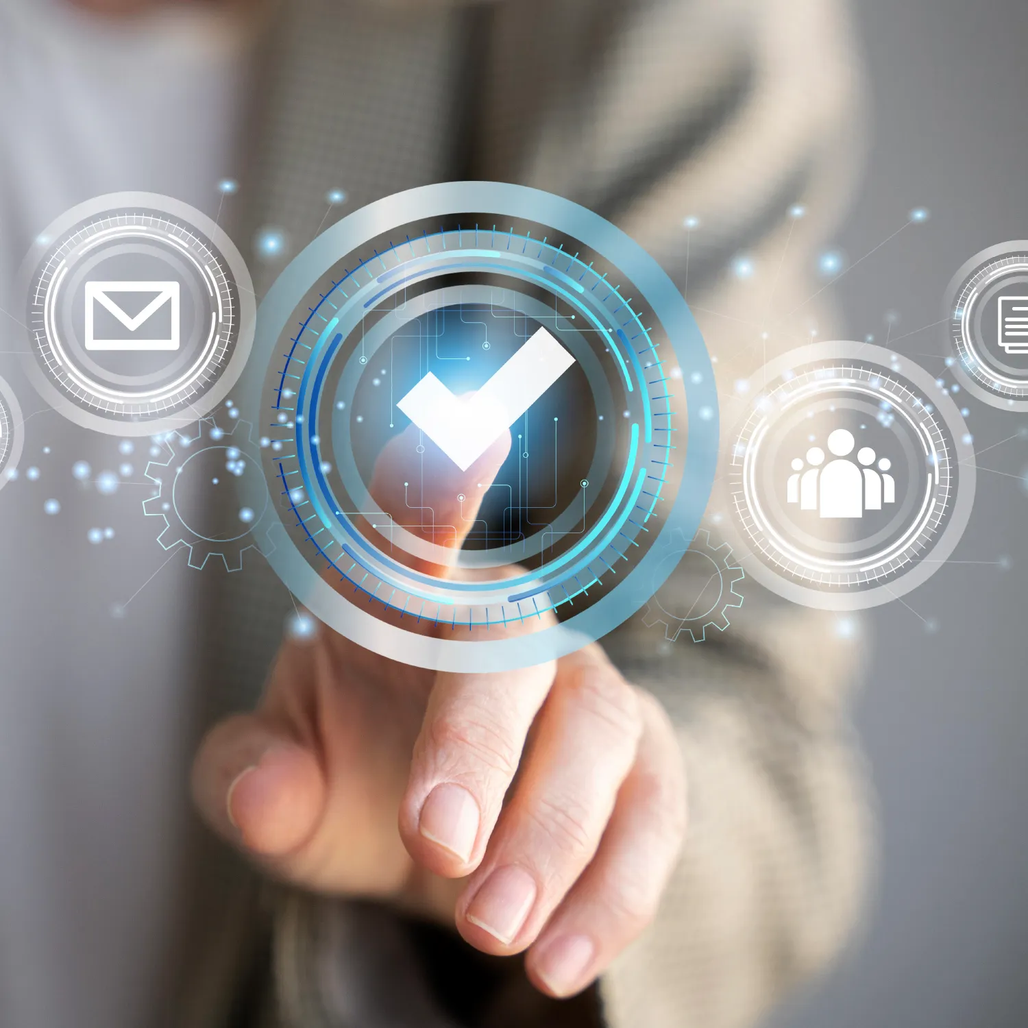 Finger tapping digital checkmark icon—customized localization solutions with quality and compliance