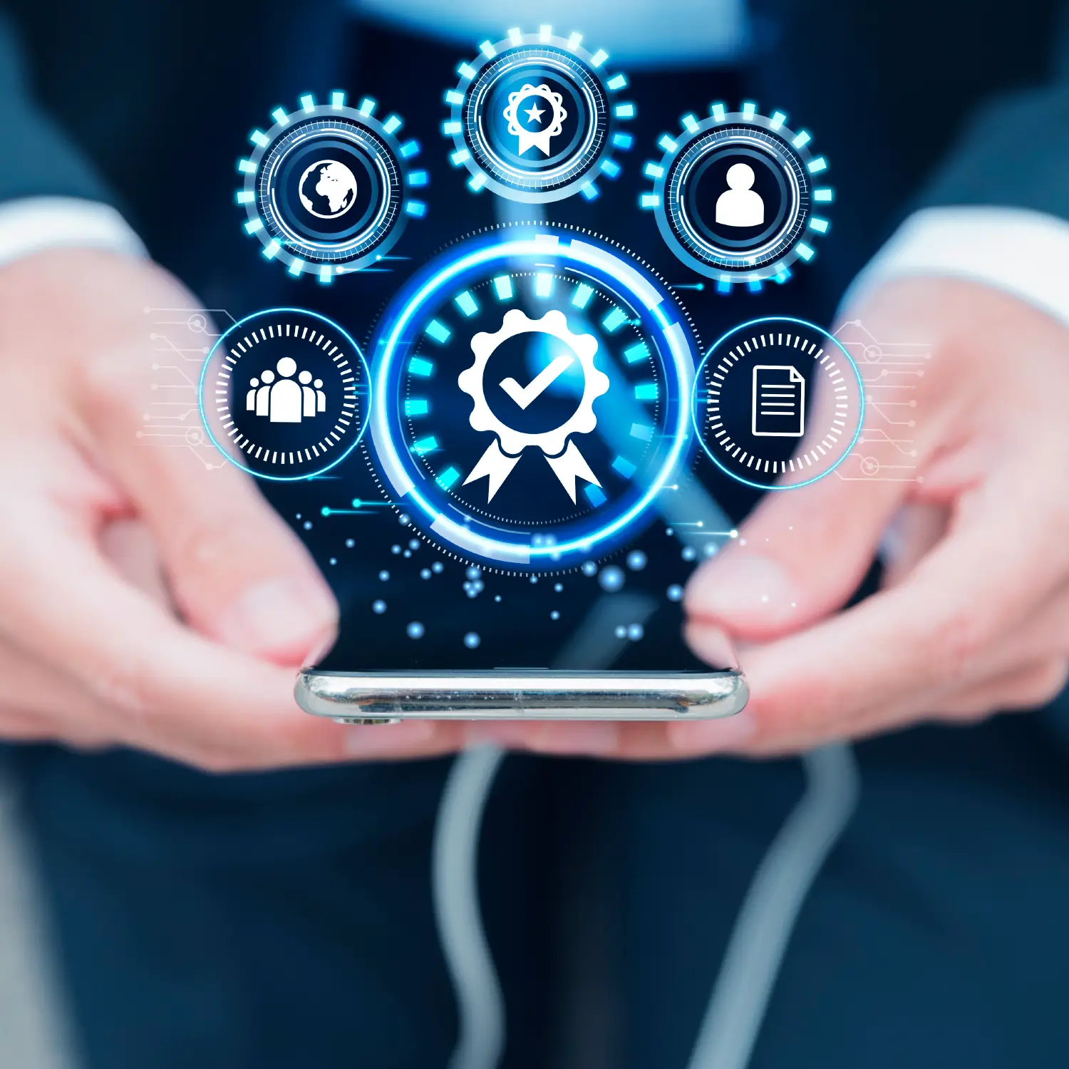 Hands holding a smartphone with holographic quality badge and compliance icons, symbolizing industry-specific expertise and QA