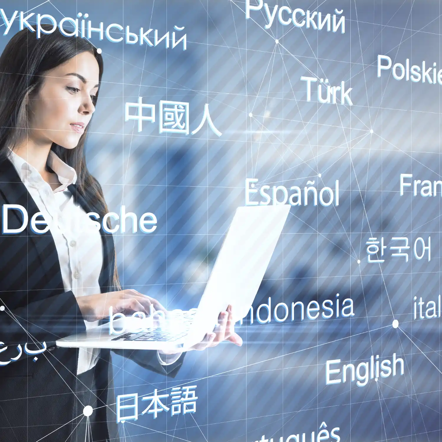 Businesswoman using laptop with multilingual words overlay, illustrating custom language prompting for global AI models