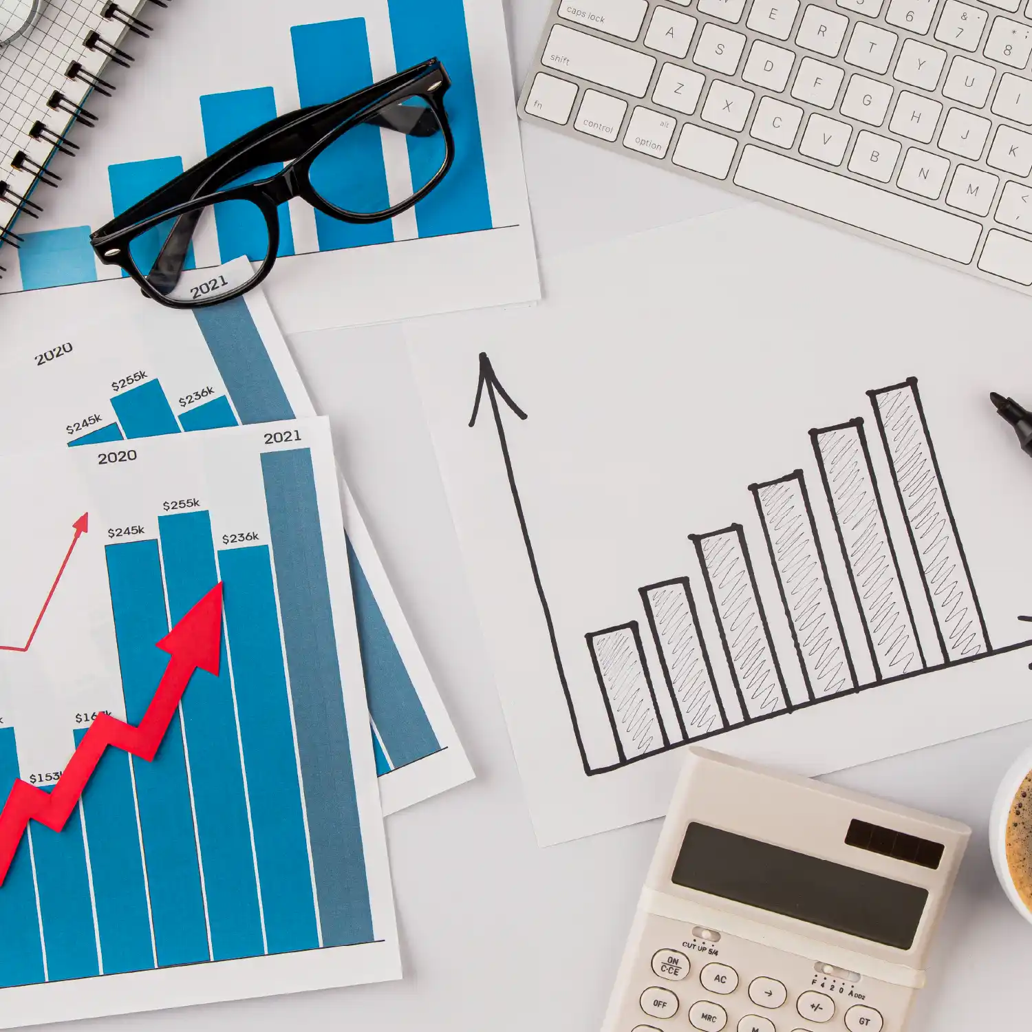 Upward growth charts, calculator and keyboard—data-driven localization delivering measurable results