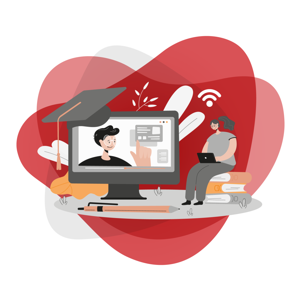 Student online with instructor on monitor, grad cap and Wi-Fi—remote training accessible anywhere.