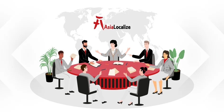 Cross-Cultural Diverse executives in a round-table meeting with world map backdrop and AsiaLocalize logo, discussing global strategy.