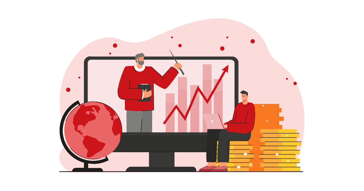 Instructor on screen presenting rising chart; globe and coin stacks—scaling one course to global markets.