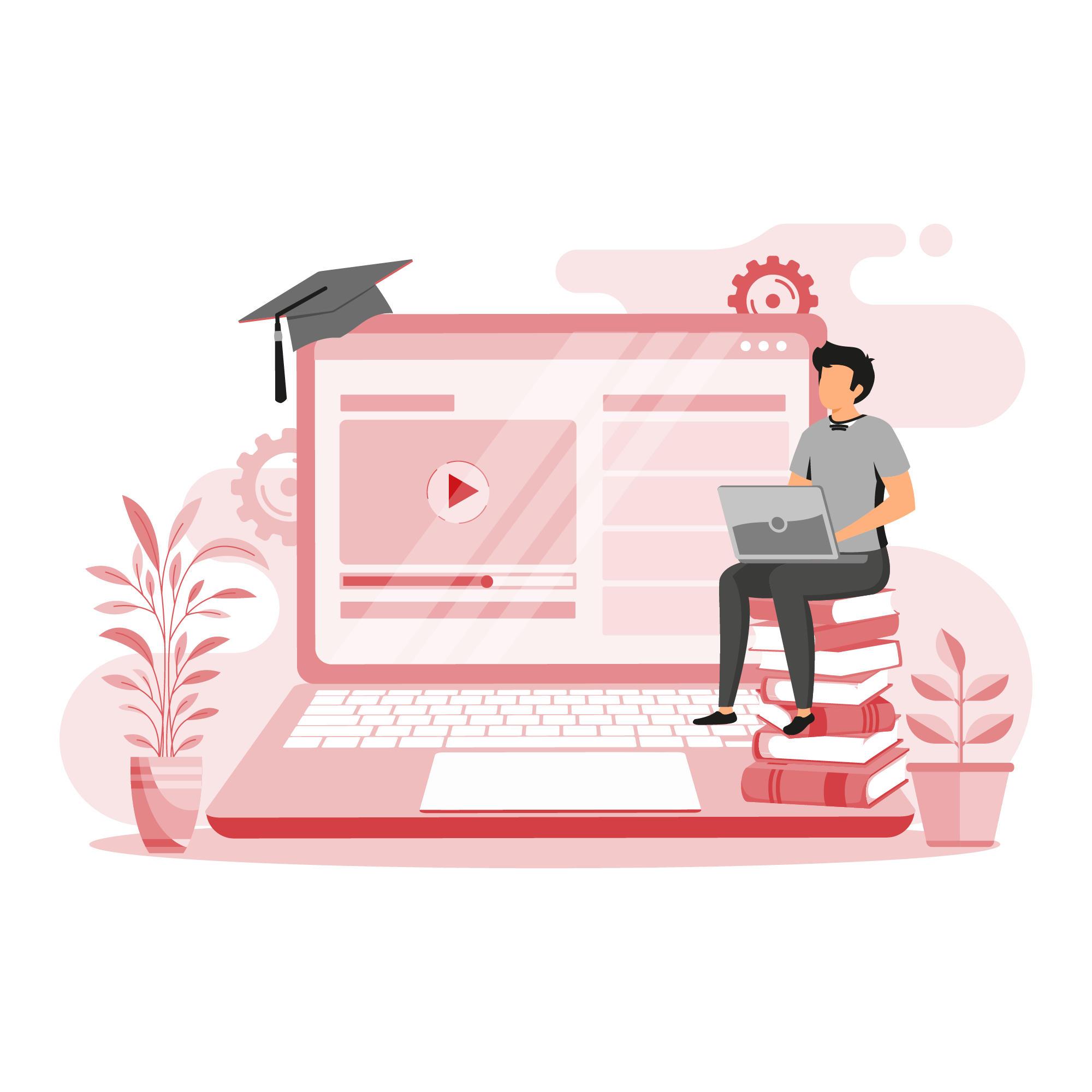 Student on books with laptop beside large course video and graduation cap—why partner for eLearning development.